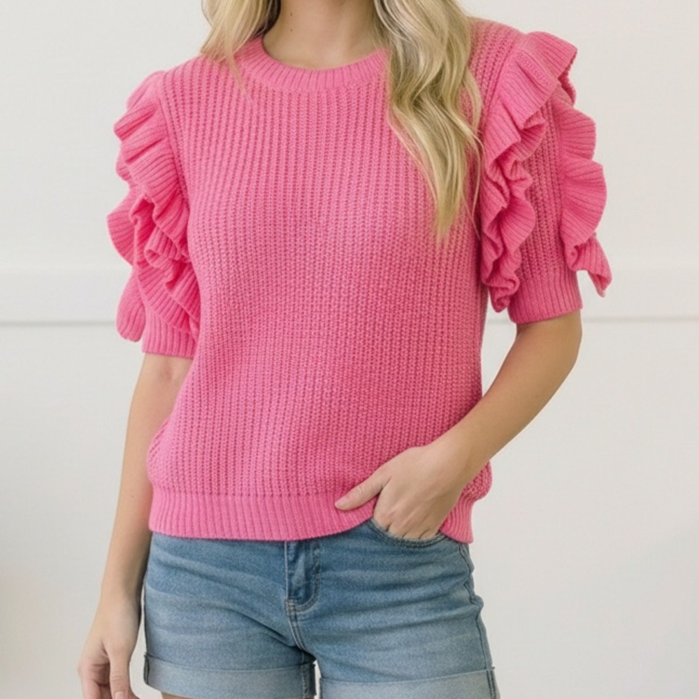 Haptics Brand New Pink Ruffle Short Sleeve Sweater